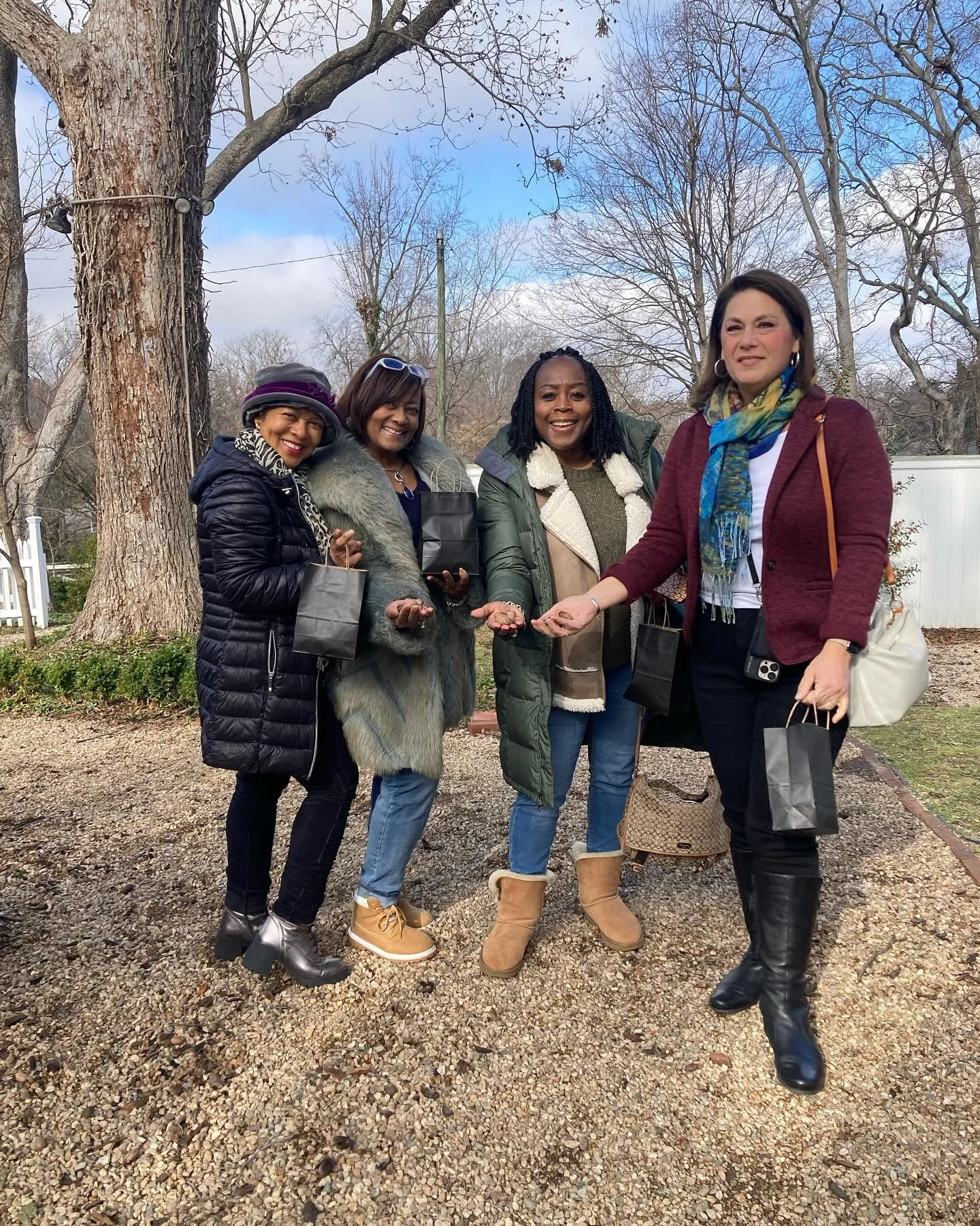 Petersburger Claudia Bezaka brought long time friends and fellow teachers from DC to visit Strawberry Hill today. Along the way they gathered some of this year's pecan harvest.