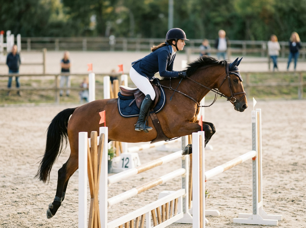 A female equestrian rider in navy jacket, white pants, and black helmet jumping over an obstacle on a brown horse during a show jumping competition at an outdoor arena.