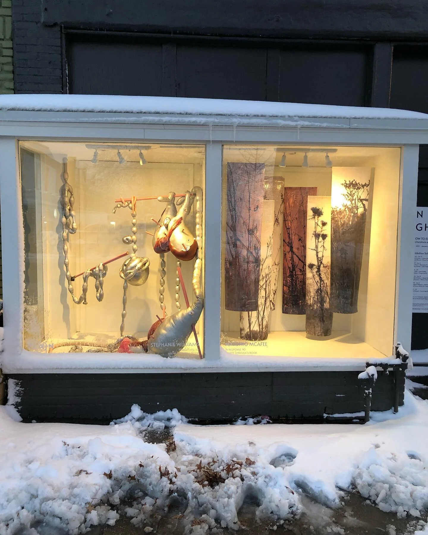 Sad to say goodbye to these works by Stephanie Williams (@steph.j.williams) and Antonio McAfee (@antonio_emca), which looked oh so beautiful in the snow this week. 
-
We&rsquo;re social distancing throughout our next install, so your peak behind the 