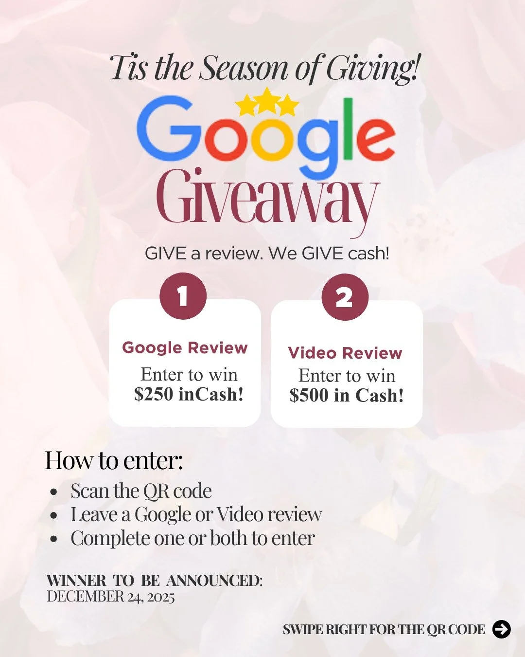 ✨ Did we preserve your bouquet? ✨
If we turned your wedding flowers into a keepsake, we&rsquo;d love your review! 💐

🎁 Tis the Season of GIVING 🎁
Scan. Review. Win Cash. 💵
Complete one or both to enter!

👉 SWIPE RIGHT TO SCAN THE QR CODE 
(Links