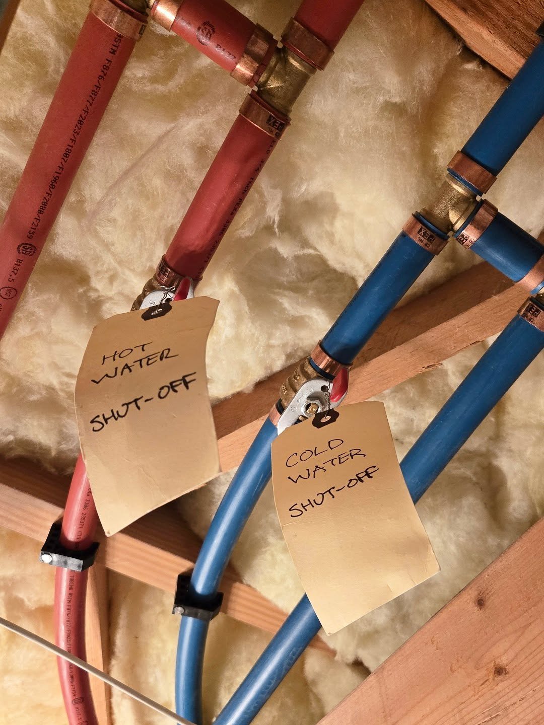 As a part of this home renovation of a secondary suite, we installed shut-offs on the hot/cold water mains, now all the plumbing fixtures located in the suite are fed from these valves, providing a means of shutting down the suite water, without affe