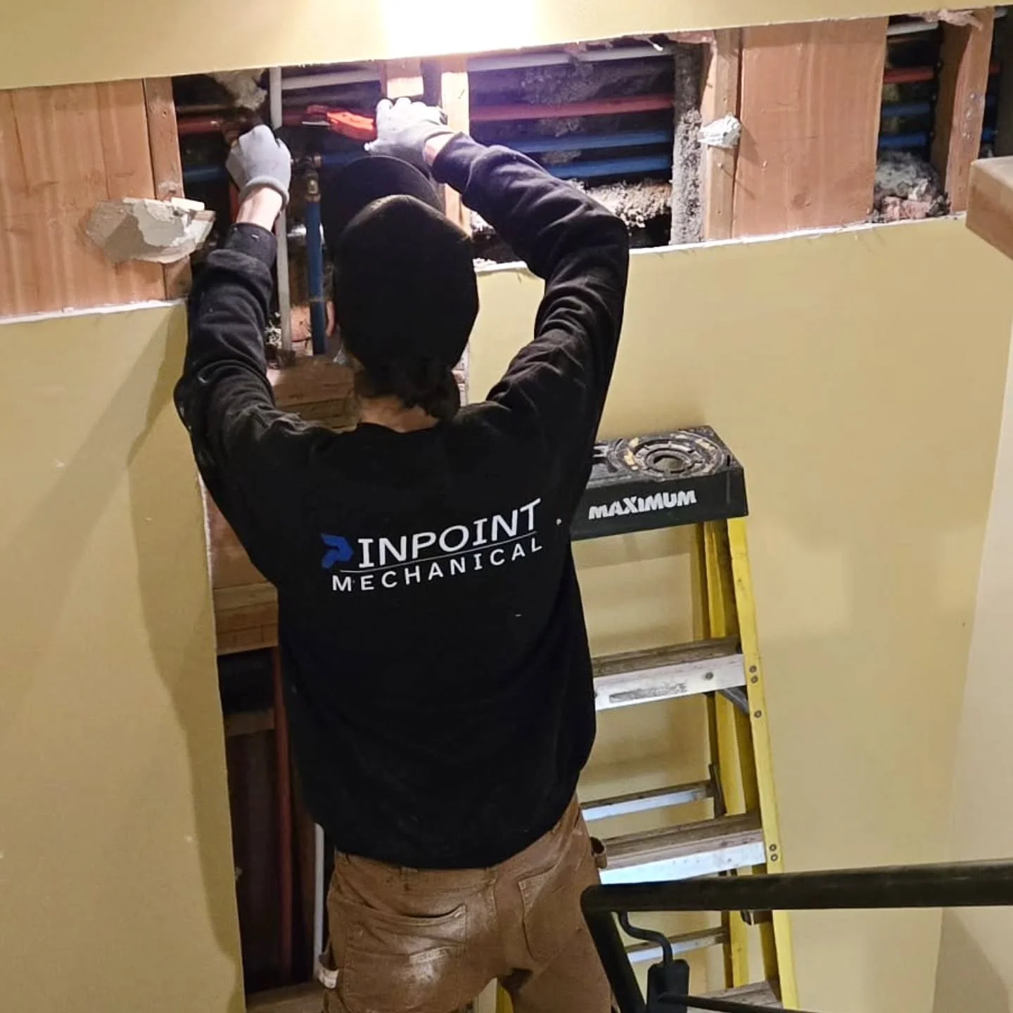 Part of the Plumbing scope for this reno was replacing the old copper waterlines with Pex pipe &amp; fittings. We scheduled a shutdown and looped the main back to the mechanical room so that the condo could be fed from its own valve, providing the ab