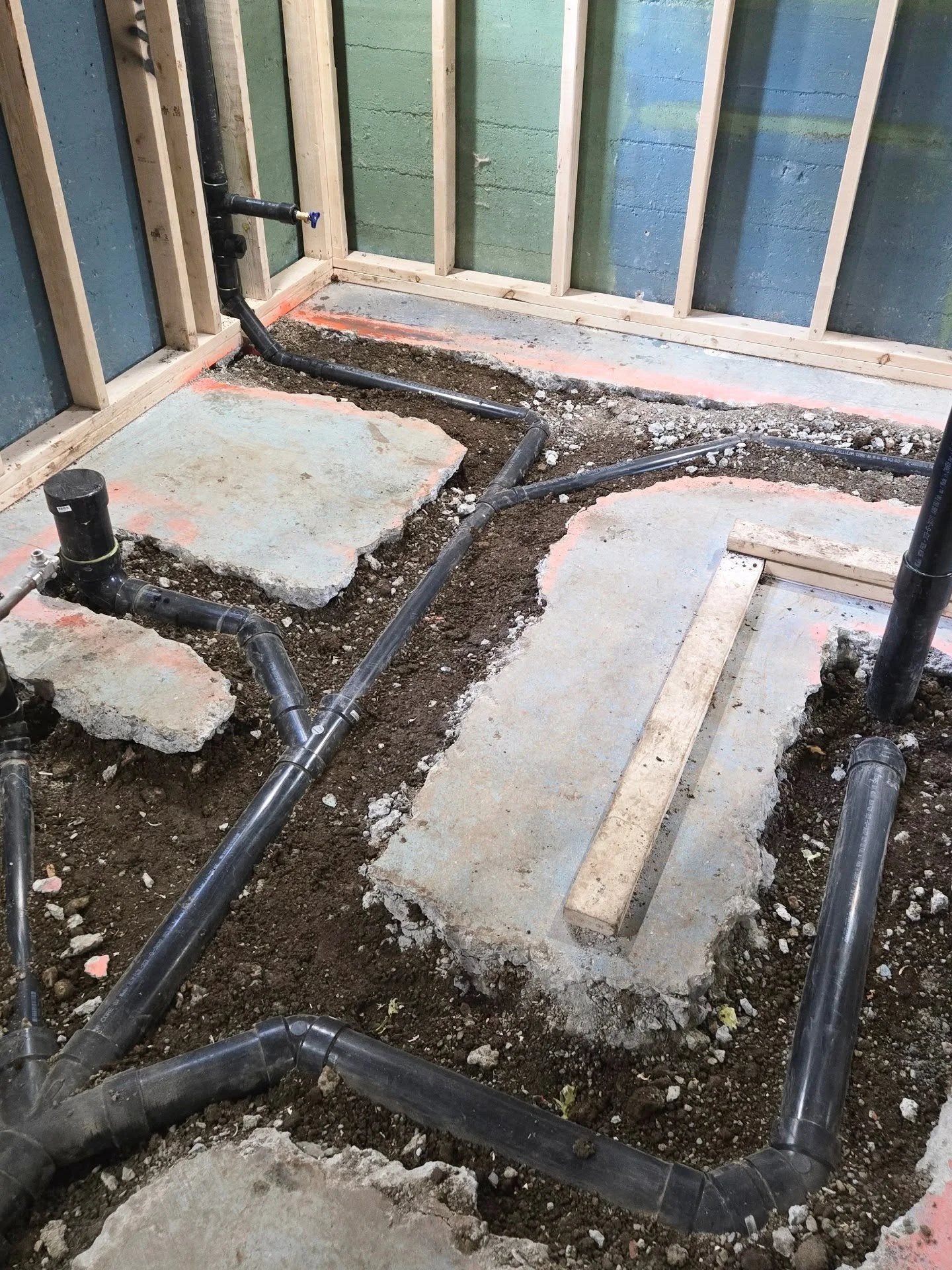 Underslab rough-in is under test with inspections tomorrow. We have a 3 peice bathroom, a stack from the upstairs lav, and a floor drain to pick up the condensate from the furnace and tankless waterheater