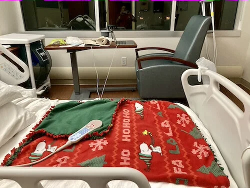 Some rehab staffers made Christmas blankets for all the patients. It’s cozy and cheerful and I get to take it home!