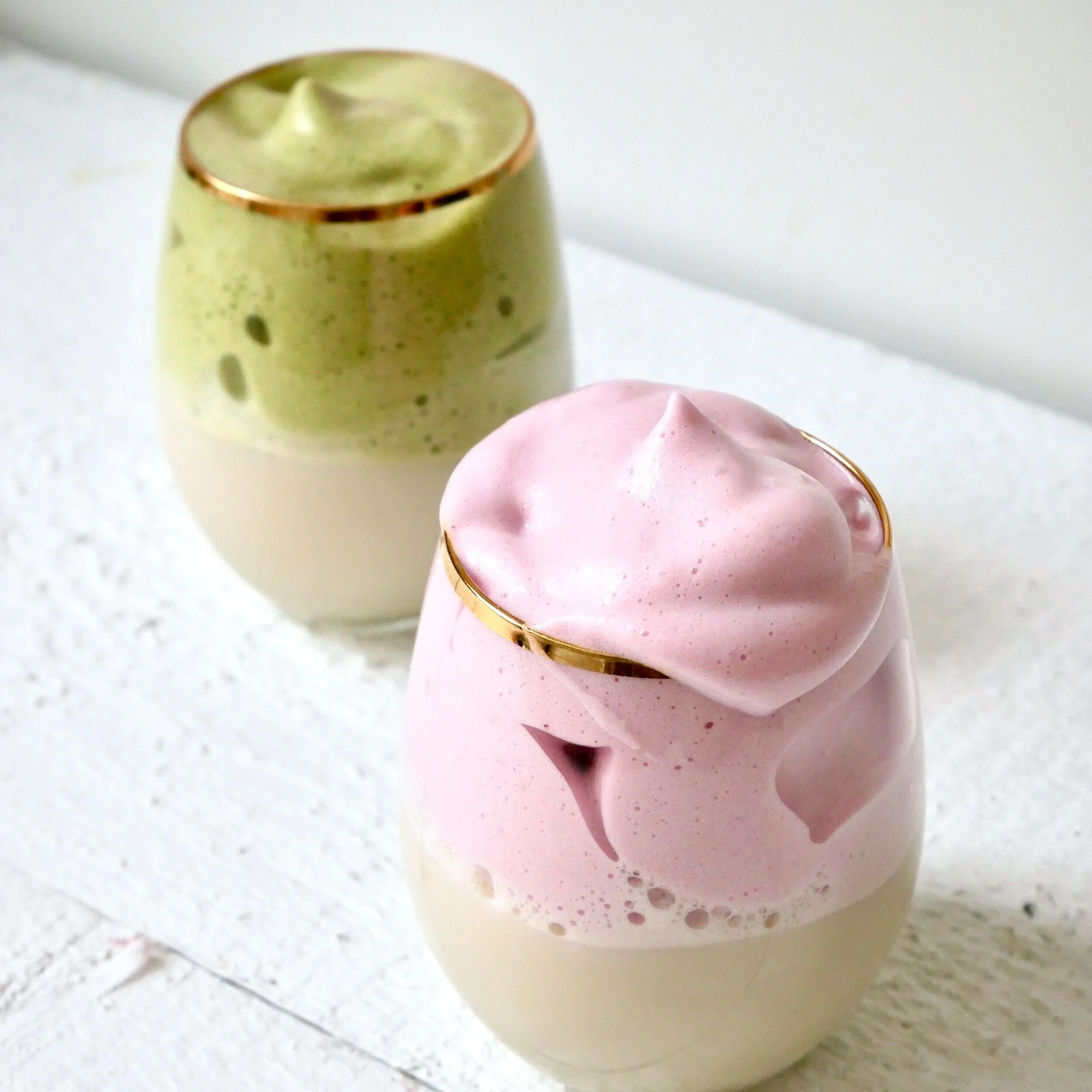 Vegan Raspberry &amp; Matcha Dalgona Latte