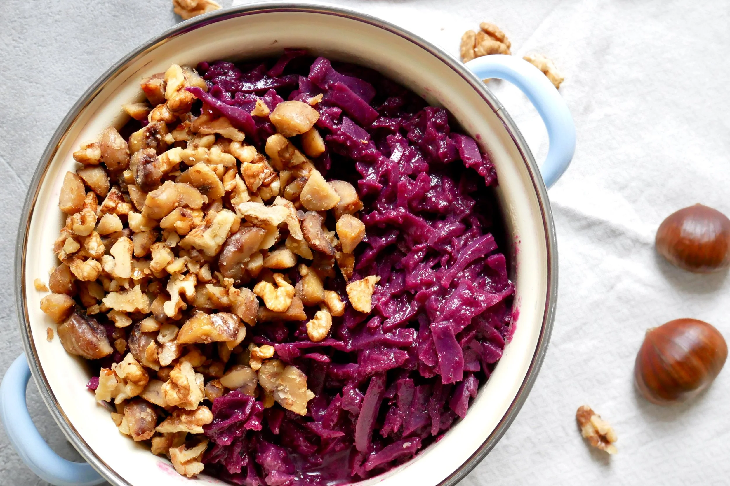 Vegan German Red Cabbage with Apples, Caramelized Chestnuts and Walnuts