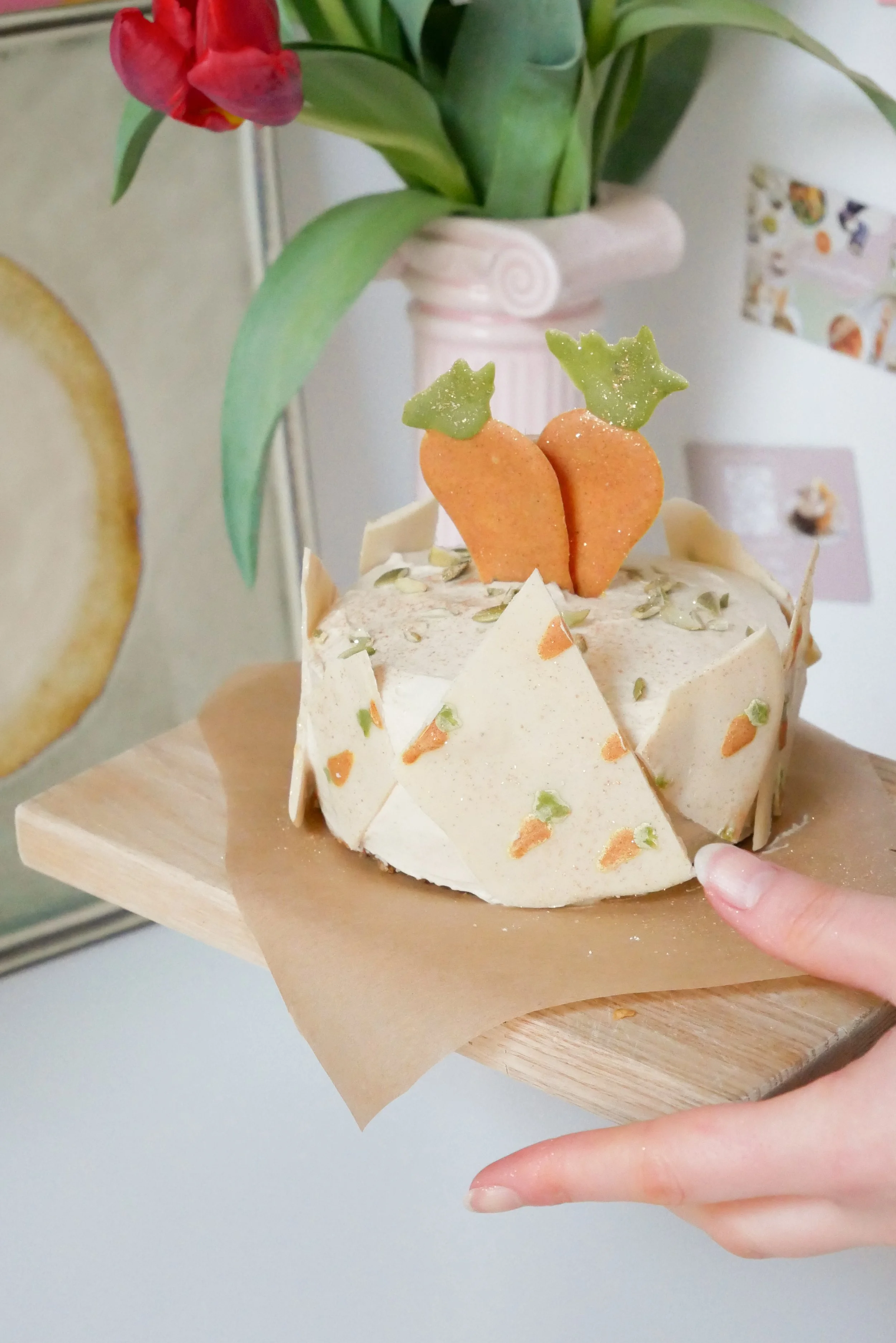 Mini Carrot Cake with Painted Chocolate Bark Decoration