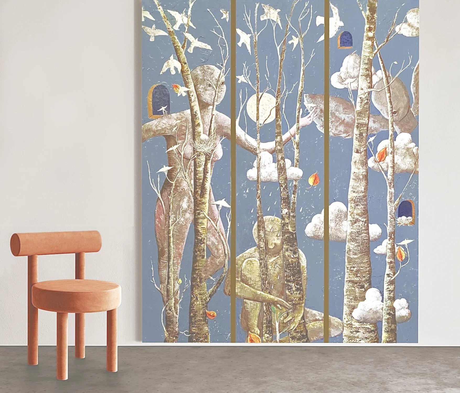 A large multi-paneled painting by artist Linda Storm of a surreal  scene with tree spirits and birds, against a blue sky, displayed on a white wall. 