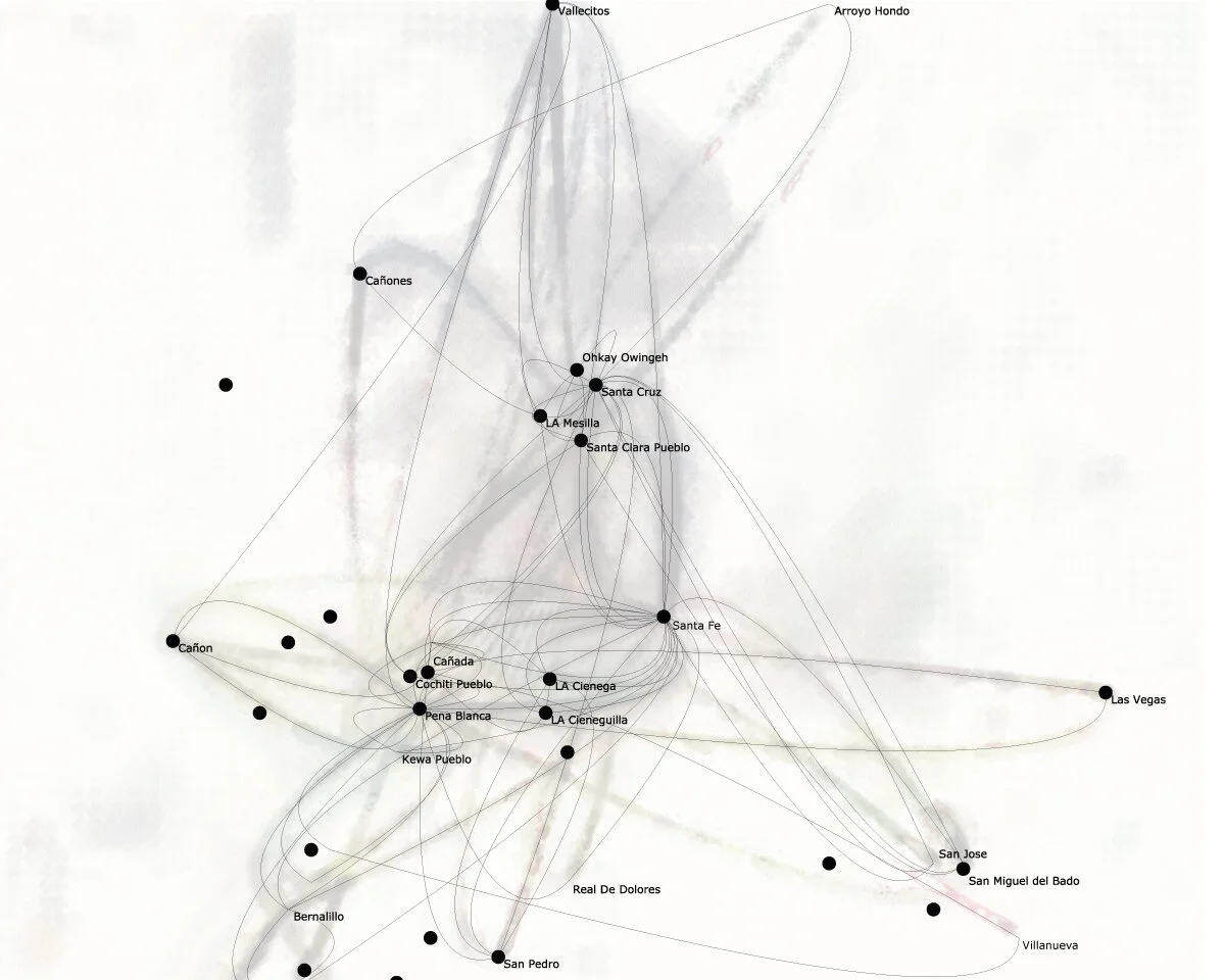 New Mexican towns north of I-40 with three generations of the migration paths of CHM, originating in Peña Blanca.