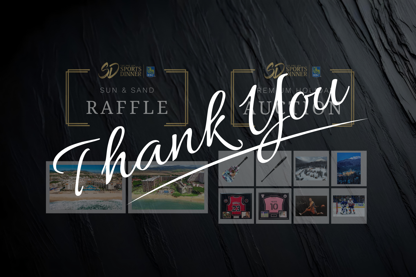 Thank you text superimposed over raffle and auction images
