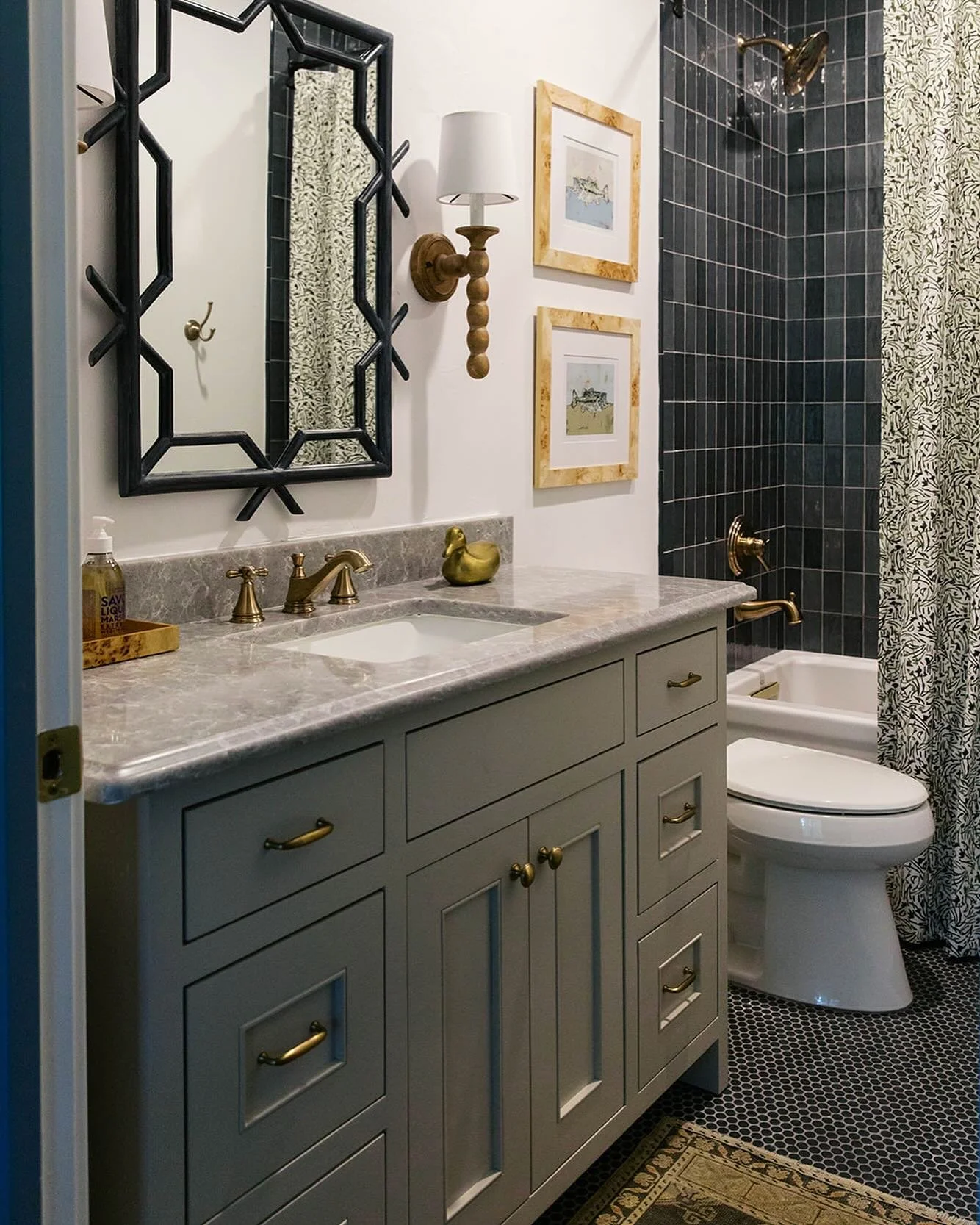 A great way to elevate a bathroom is to install an extra long custom shower curtain. It&rsquo;s the perfect way to bring in a pop of color or fun pattern and can be just the statement piece a small bathroom needs!