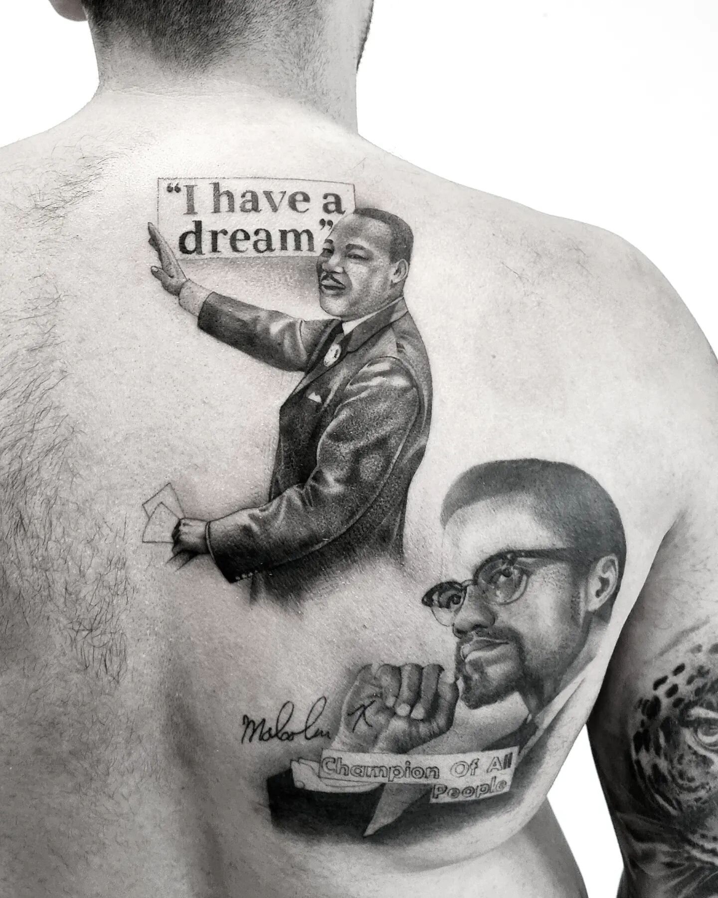 Martinlutherking &amp; Malcomx by Kate - @kate.ryot

#realism #realismtattoo #blackandgrey #blackandgreytattoo #ecotat #ecotattooing #killerink #silverbackink #blackworkersubmission #blackworktattoo #btattooing