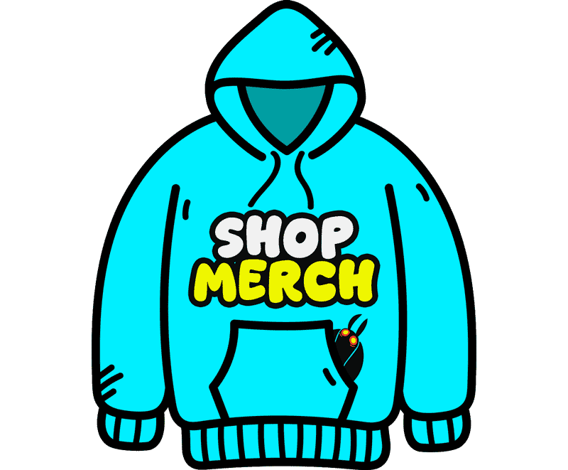 Blue hoodie with 'Shop Merch' text and a small cartoon bomb graphic below the pocket.