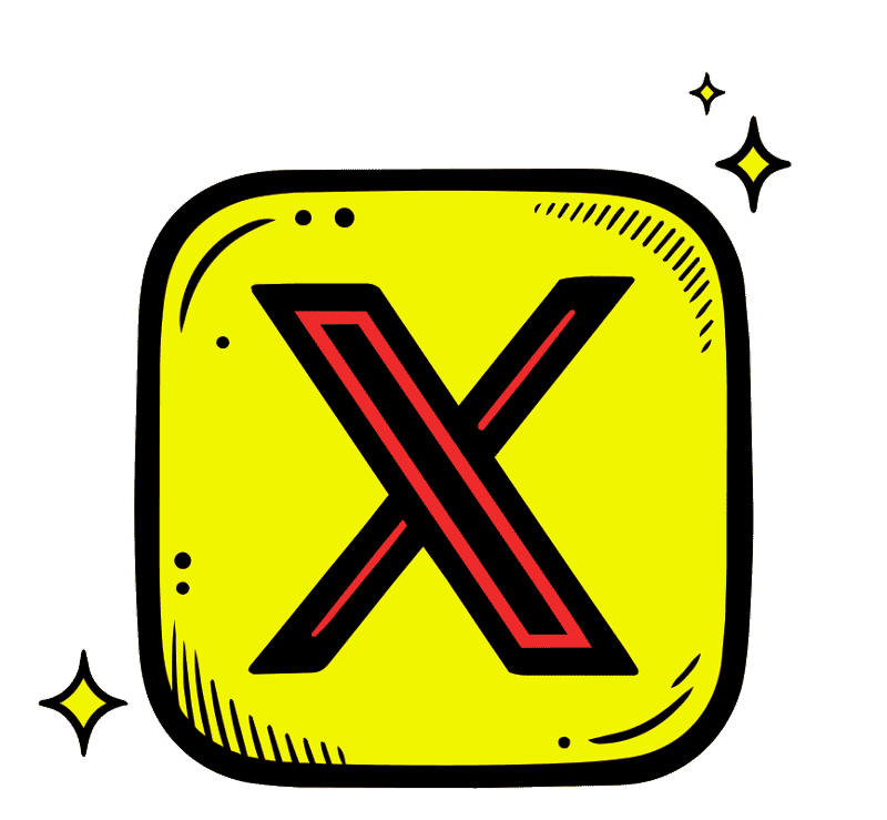 A cartoon-style yellow app icon with a large black and red 'X' in the center, surrounded by small decorative stars.