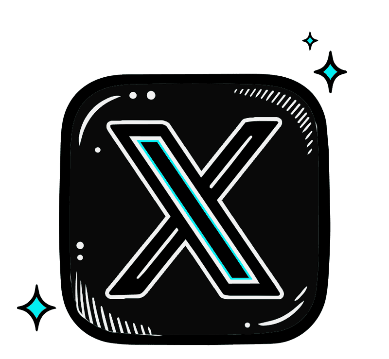 A digital icon of the X logo, with a black background and stylized white and blue outlines, surrounded by small decorative stars.