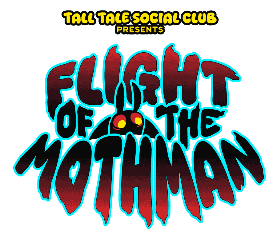 Event poster for 'Flight of the Mother,' presented by Tall Tale Social Club, featuring bold, colorful lettering and a cartoon bat with glowing red eyes.