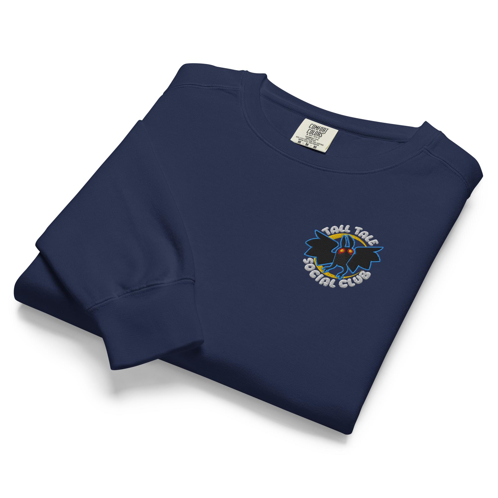navy blue embroidered tall tale social club sweater