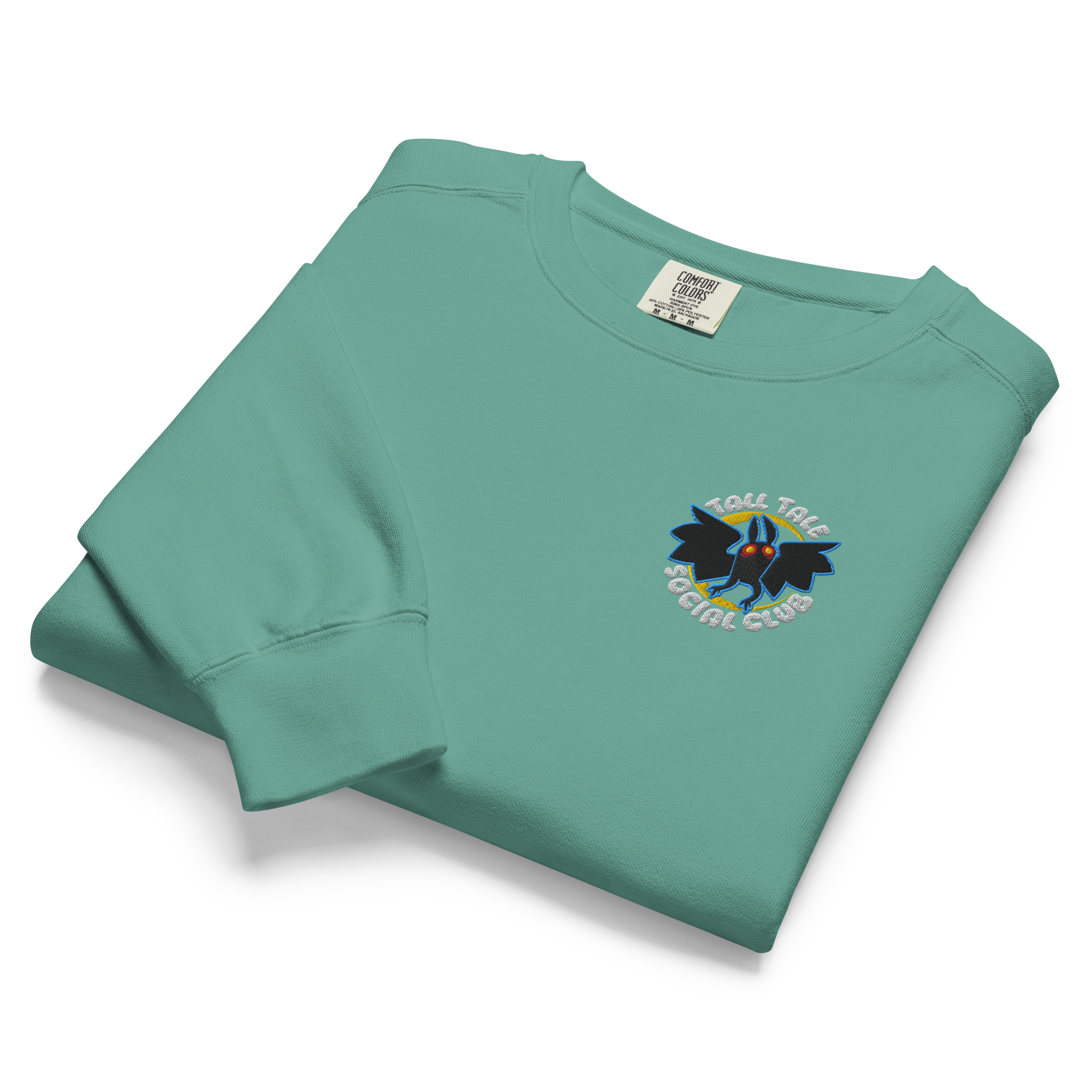 seafoam green embroidered tall tale social club sweater