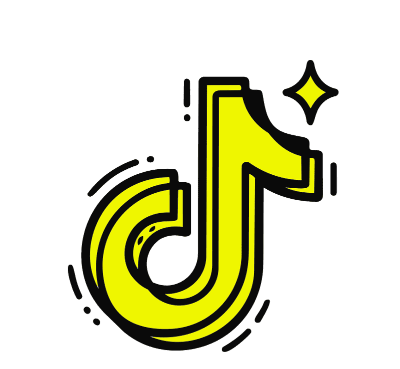 A stylized yellow TikTok logo with black outline and a sparkle at the top right.
