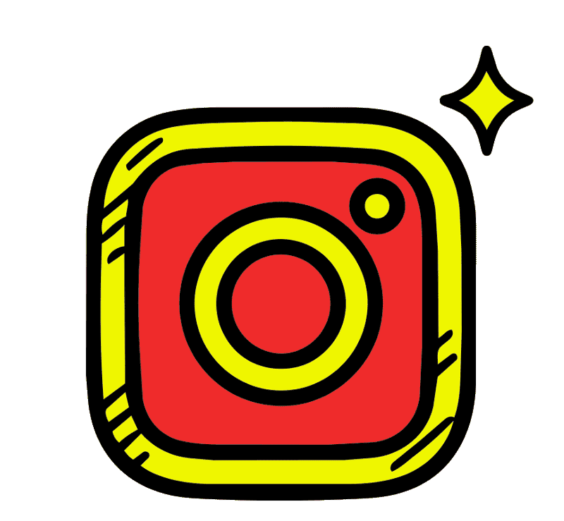 Colorful cartoon drawing of a vintage camera with a star shape in the top right corner.