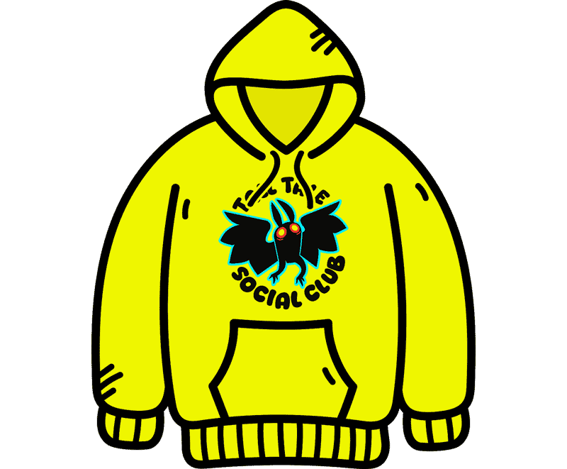 Yellow hoodie with a logo of a black cornered black and red moth and the text "Head to Toe Social Club".