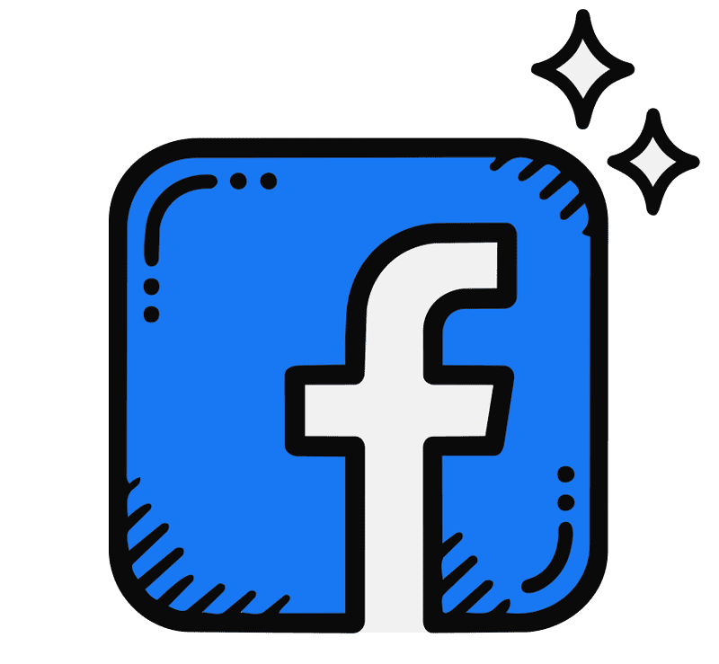 Cartoon illustration of the Facebook logo with sparkles around it.