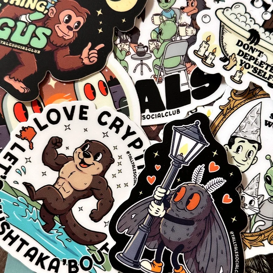 1930s-style retro Mothman staring lovingly at a streetlamp, cute cryptid vinyl sticker.