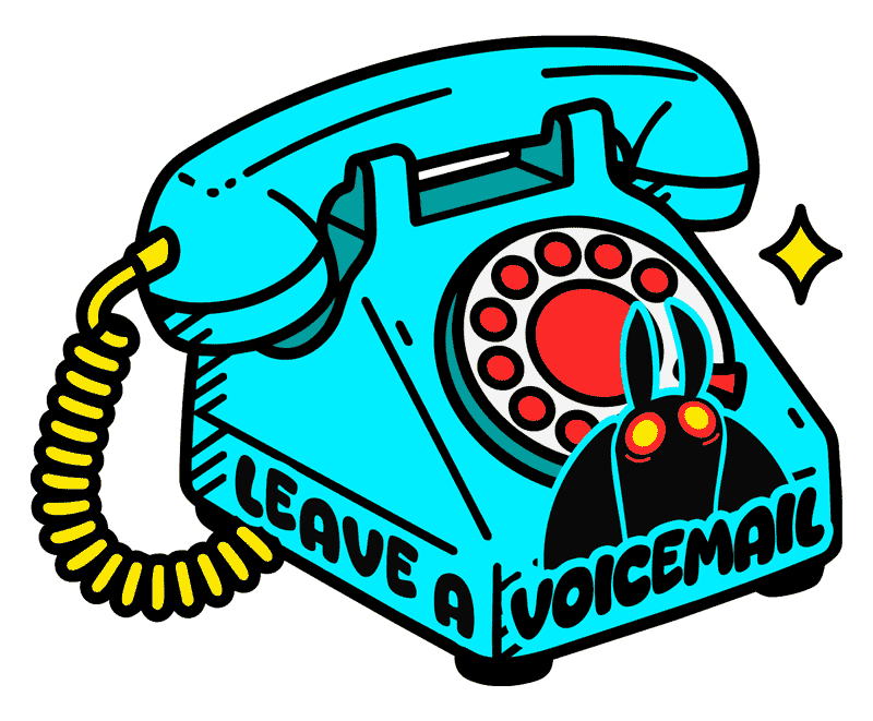 A colorful illustration of a vintage rotary phone with a black silhouette of a rabbit on the front, red eyes, and long ears, with the text "LEAVE A VOICEMAIL" written on the bottom of the phone.