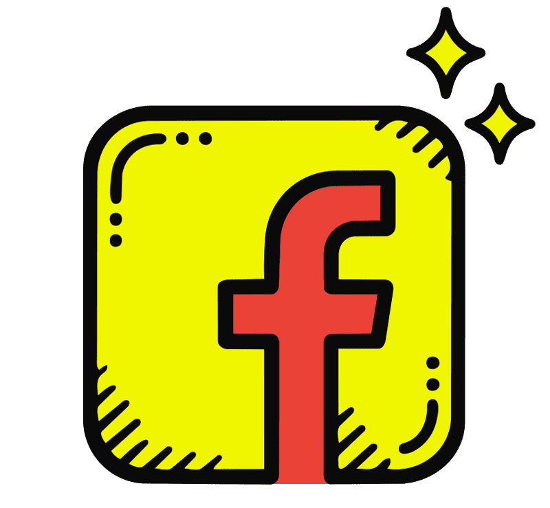 Cartoon illustration of the Facebook logo with a yellow background and sparkles around it.