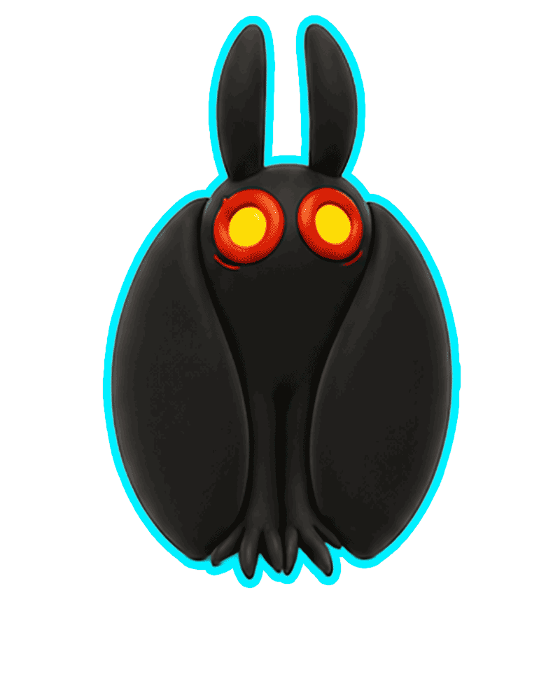 A stylized cartoon black creature with rabbit ears, glowing yellow eyes surrounded by red, and a rounded body outlined in blue.