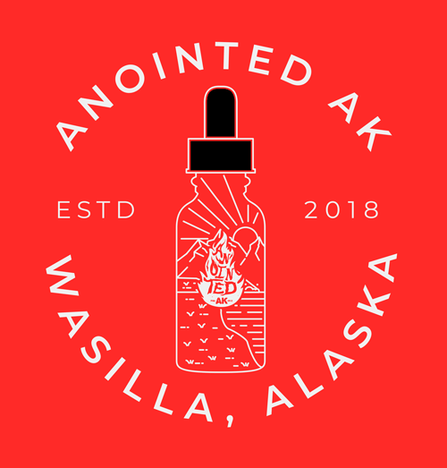 Logo of Anointed AK, Wasilla, Alaska on a red background featuring a dropper and a bottle illustration.