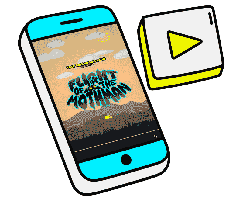 A smartphone displaying a poster for 'Flight of the Mammoth' by Tall Tale Social Club, and a yellow and white video play button icon.
