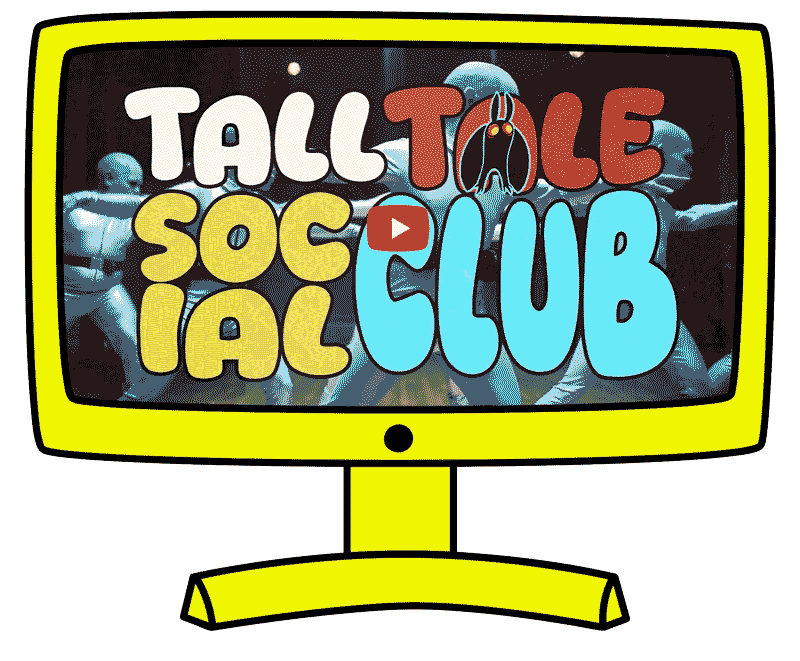 Animated illustration of a computer monitor displaying the logo for the 'Tall Tale Sock Tic Club,' with a background of children and a monster face integrated into the text.
