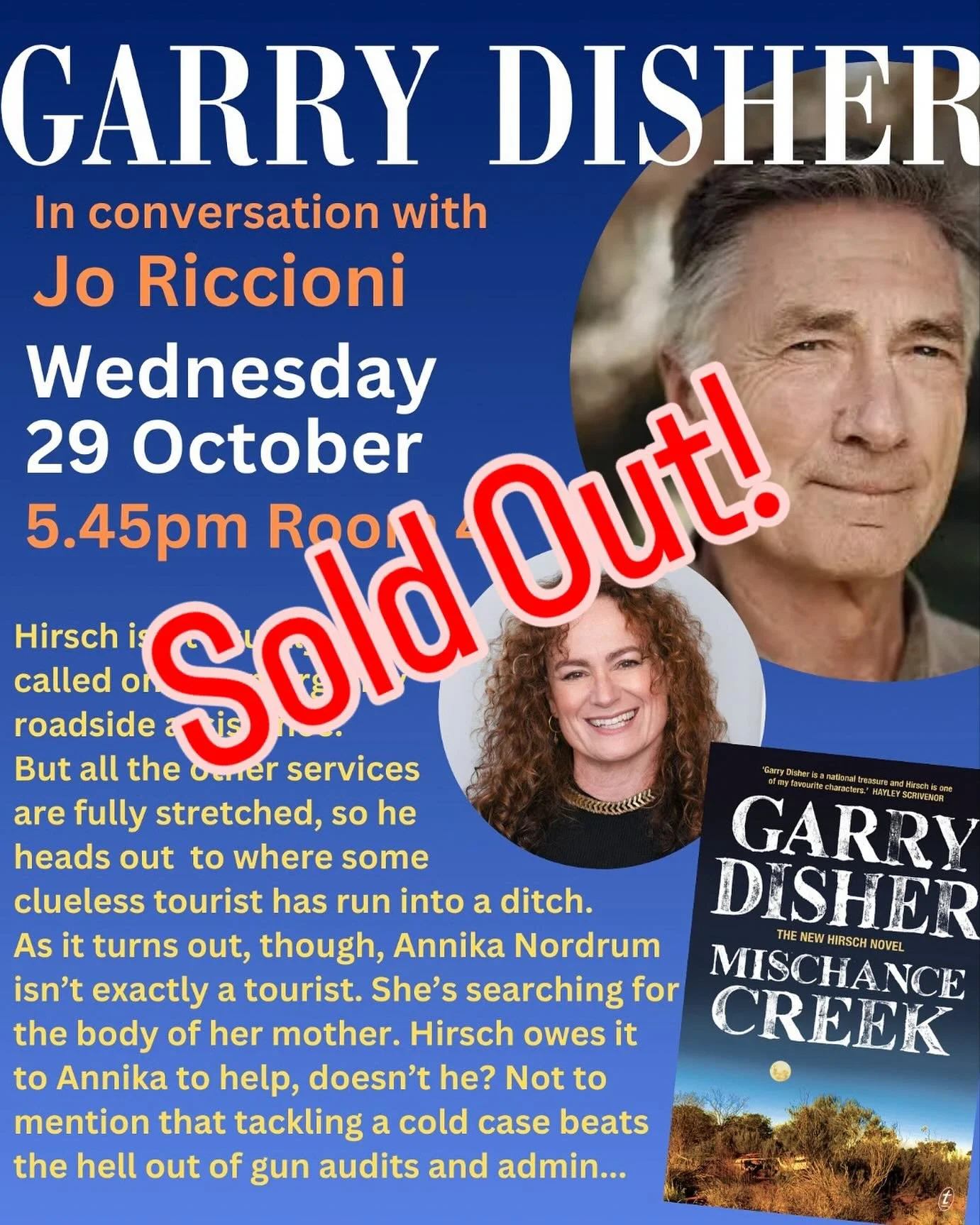 My in conversation with Garry Disher next Weds @avaloncommunitylibrary is sold out, but you can still go on the wait list. Looking forward to interviewing one of Australia&rsquo;s most loved crime writers.
#mischancecreek @text_publishing #writersinc