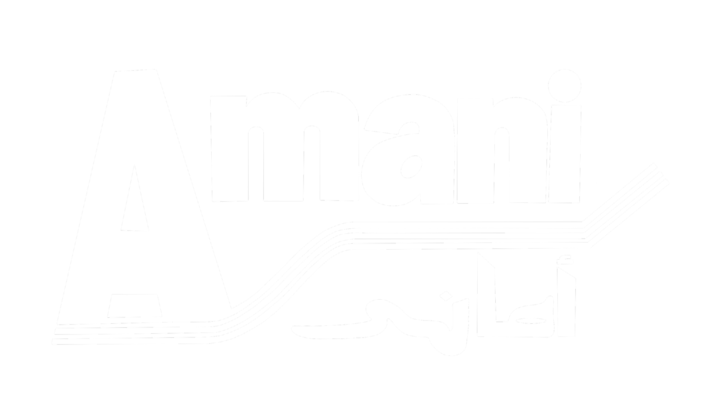 A stylized black-and-white logo with the word 'Amani' in large bold letters, accompanied by Arabic script and a graphic element resembling a book or lines beneath the text.