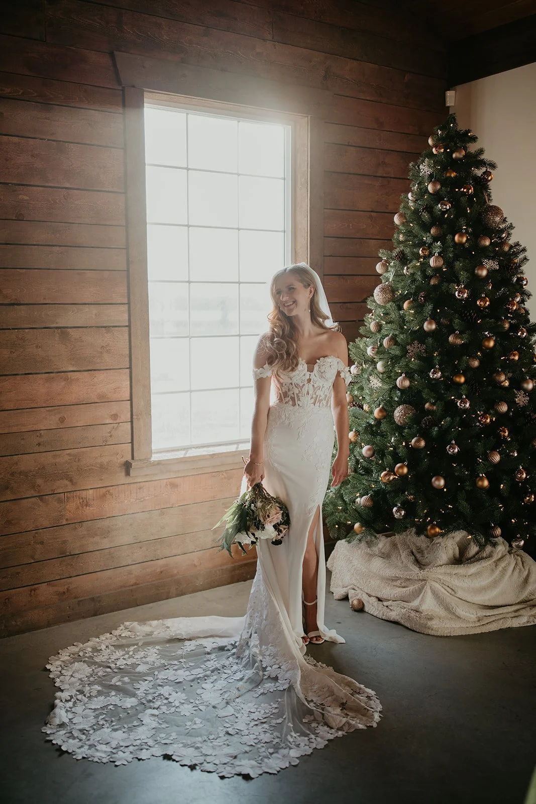 Bride with long romantic waves at a winter wedding in Red Deer, Alberta