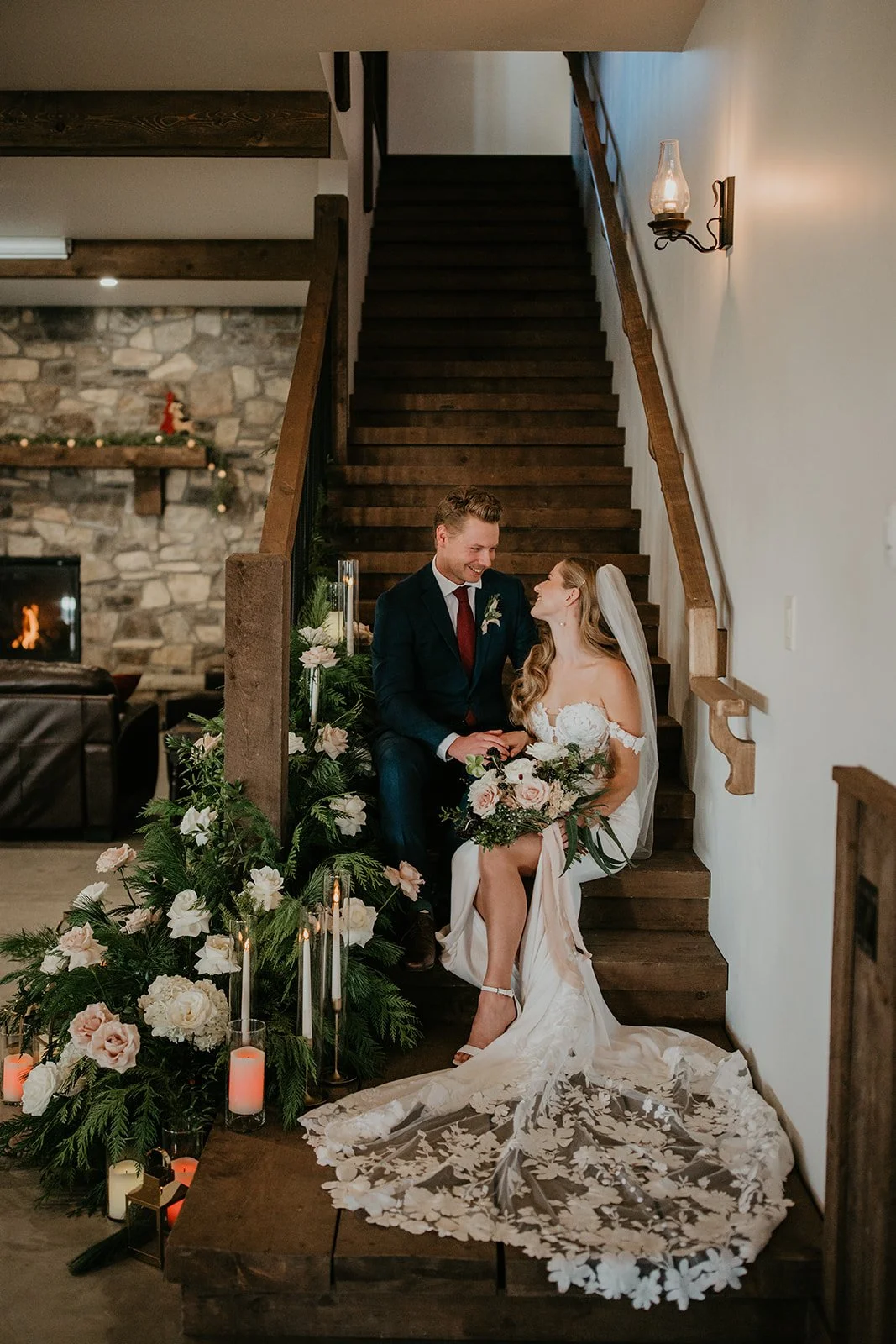 Bride and groom at River Valley Wedding Venue during a winter wedding styled shoot