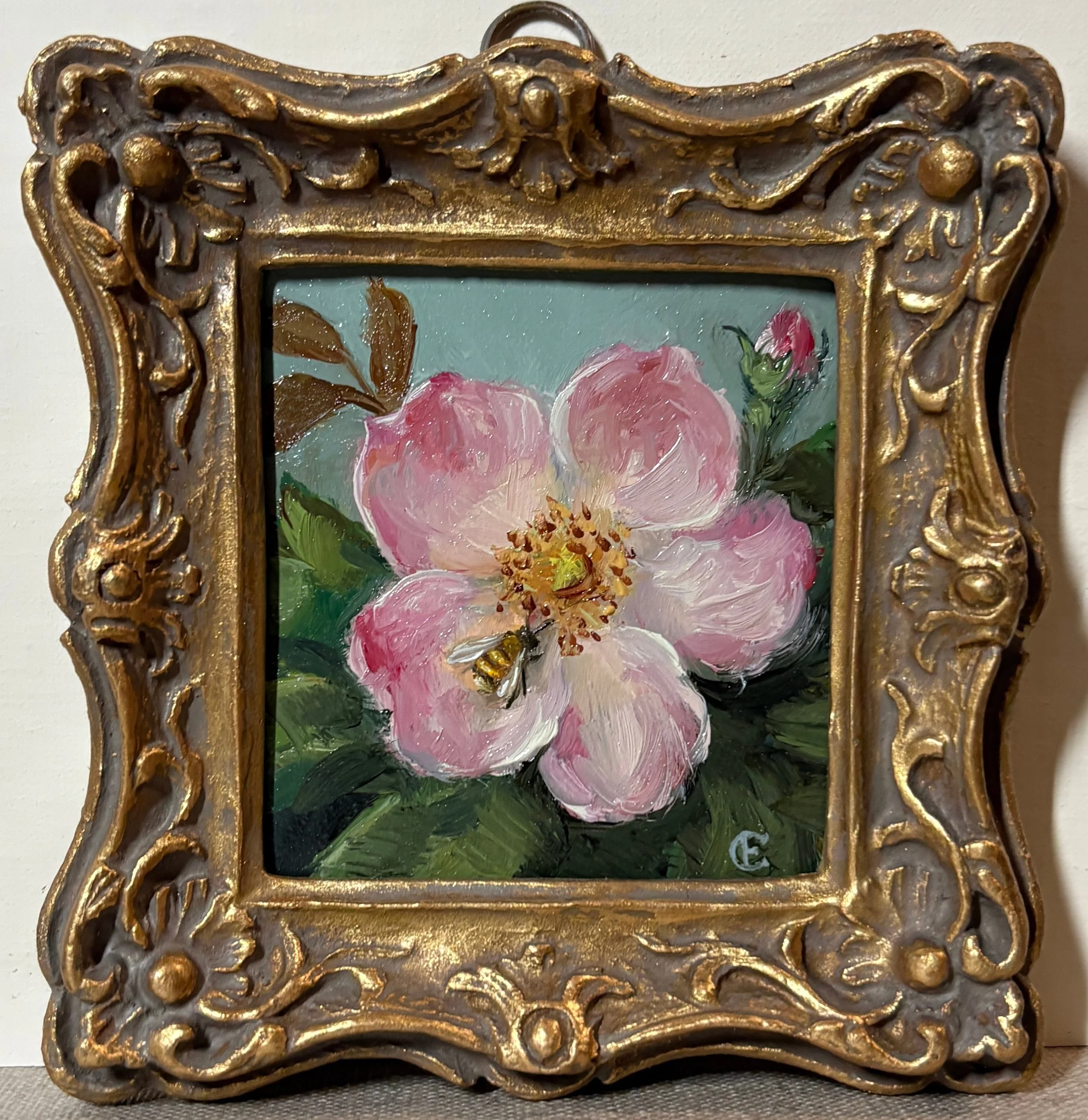 Sweet Brier Rose and Bee, Oil Painting