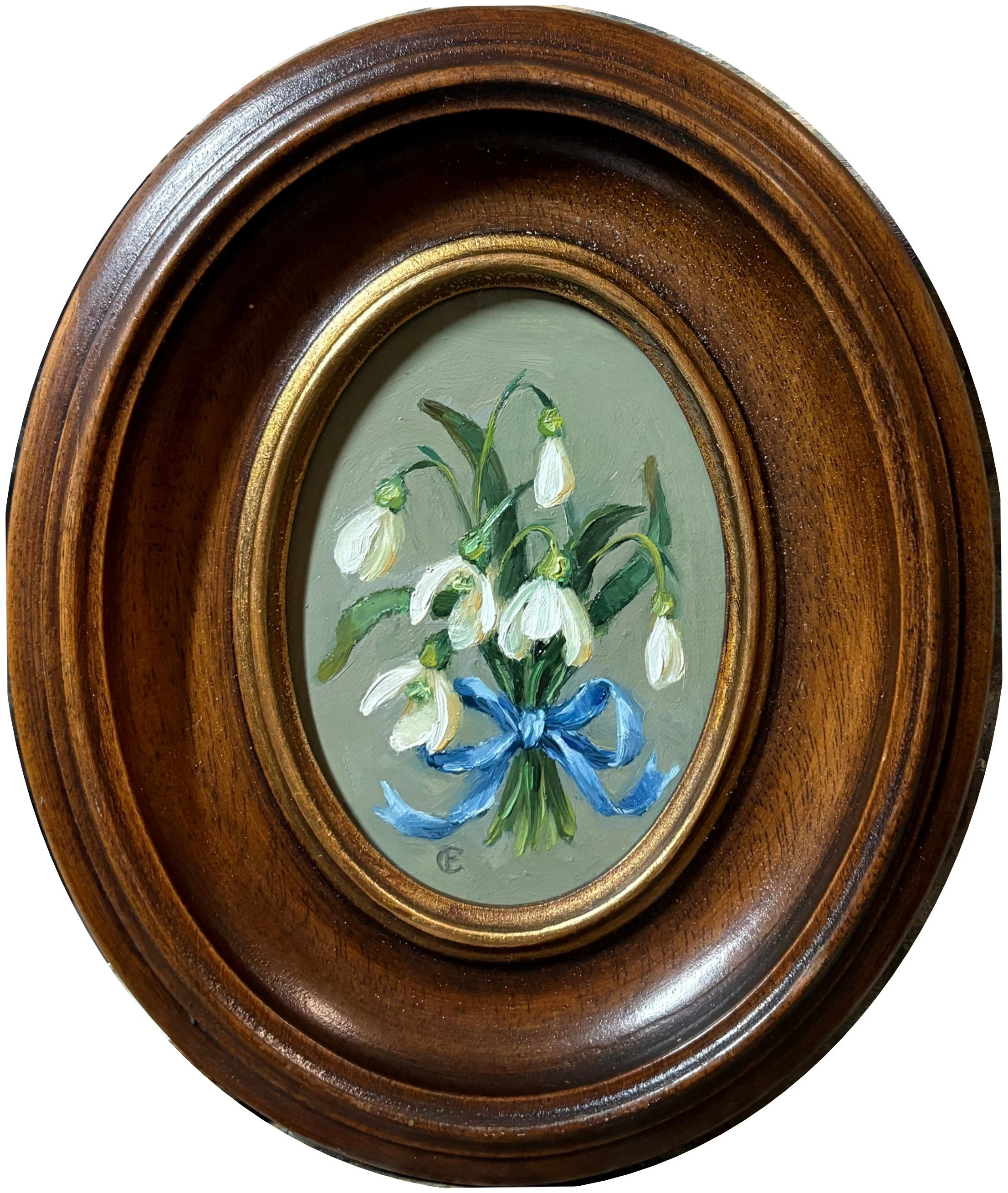 Snowdrops with Blue Bow, Oil Painting