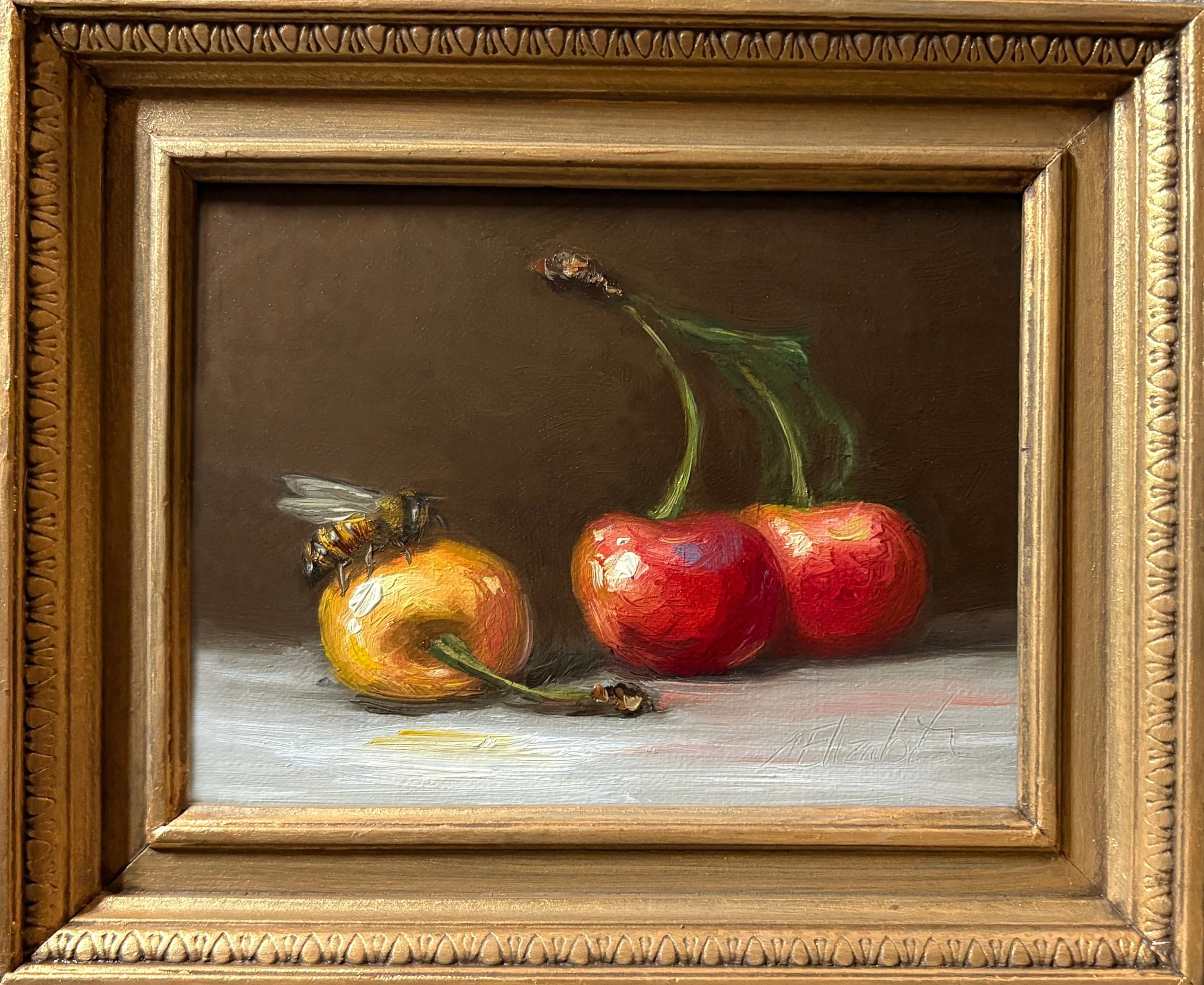 Rainier Cherries and Honeybee, Oil Painting