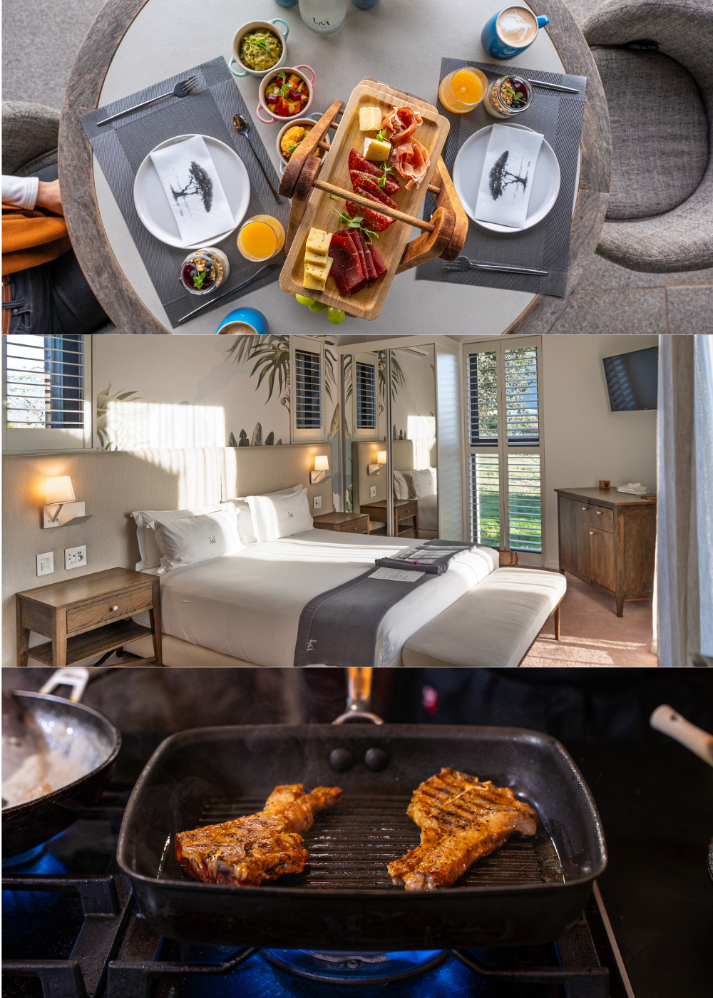 An image of a luxury breakfast, luxury villa room and gourmet dinner at Ludus Magnus Luxury Boutique Hotel in Franschhoek