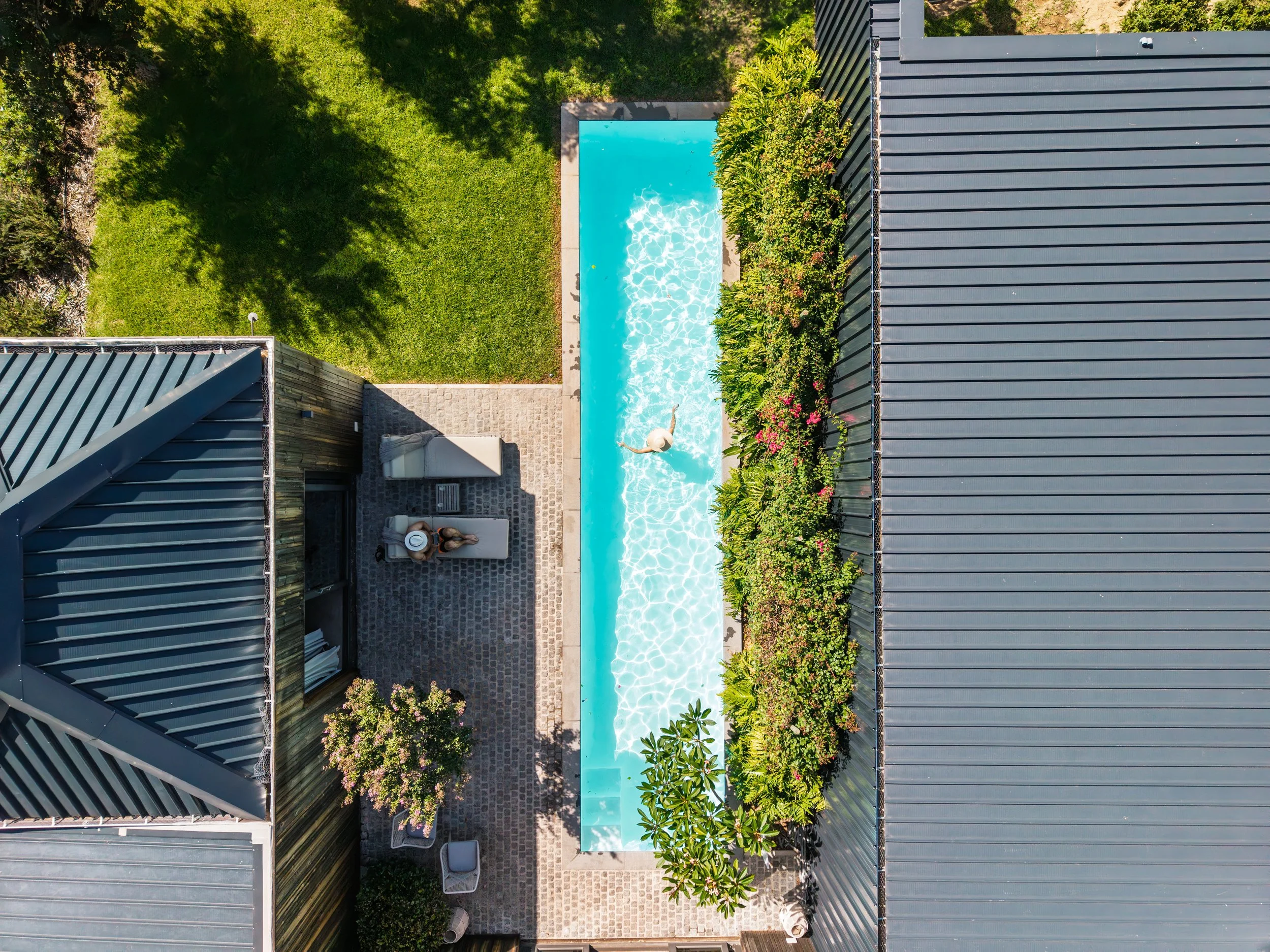 Overhead view of a backyard with a rectangular swimming pool, green lawn, plants along the sides, and two lounge chairs with a person sitting on one by the pool.