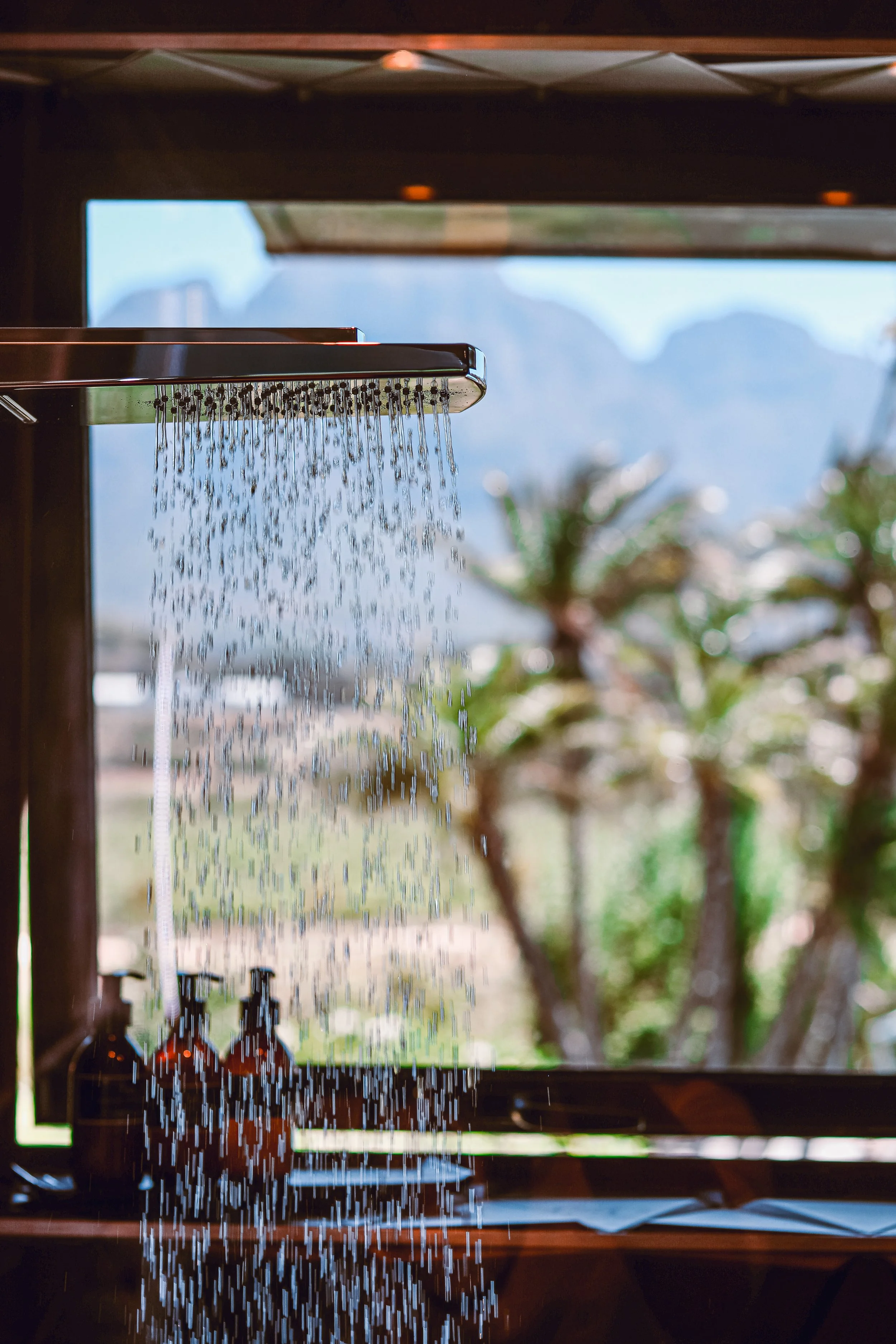 Showerhead with water flowing in front of a window with a view of trees and mountains.