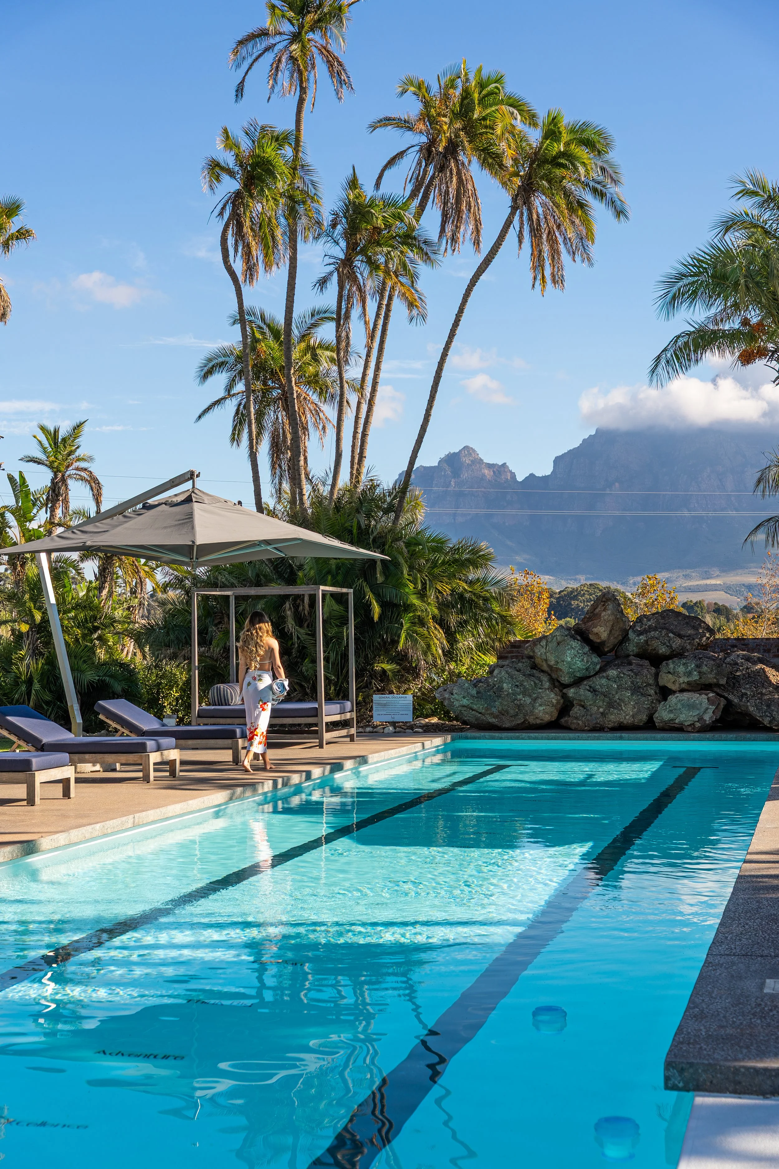 Private swimming pool at the Ludus Magnus Manor House, surrounded by the Franschhoek mountains and lush gardens.