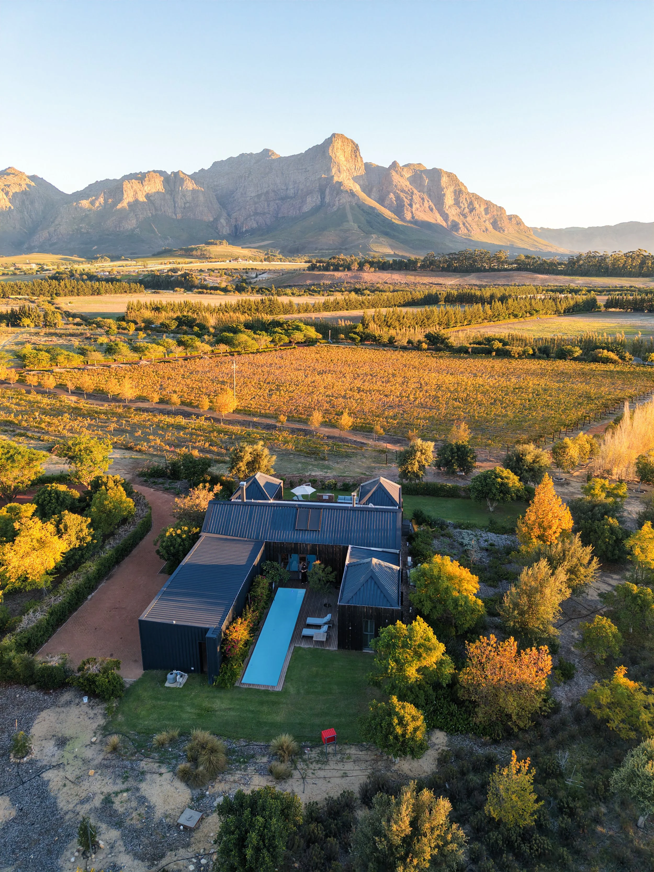 Aerial view of a vineyard with rows of grapevines, a modern villa with a swimming pool, and mountains in the background, during sunset at Ludus Magnus 5 star Luxury Boutique Hotel and Villas