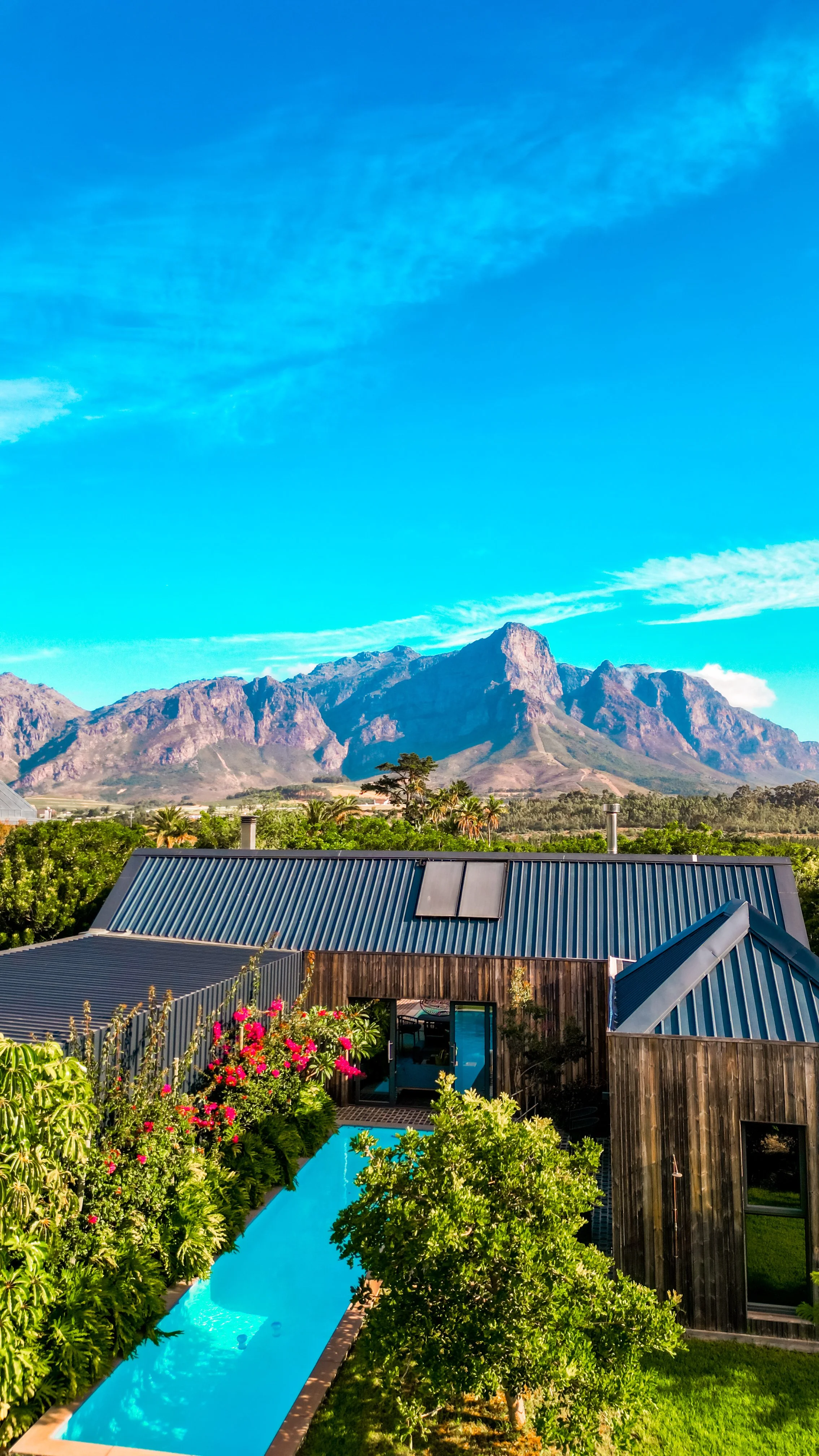 A modern house with a dark metal roof, large windows, and a swimming pool in a lush backyard. Mountains are visible in the background under a clear blue sky.