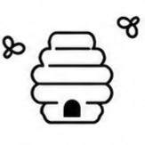 Drawing of a beehive with two bees flying nearby.