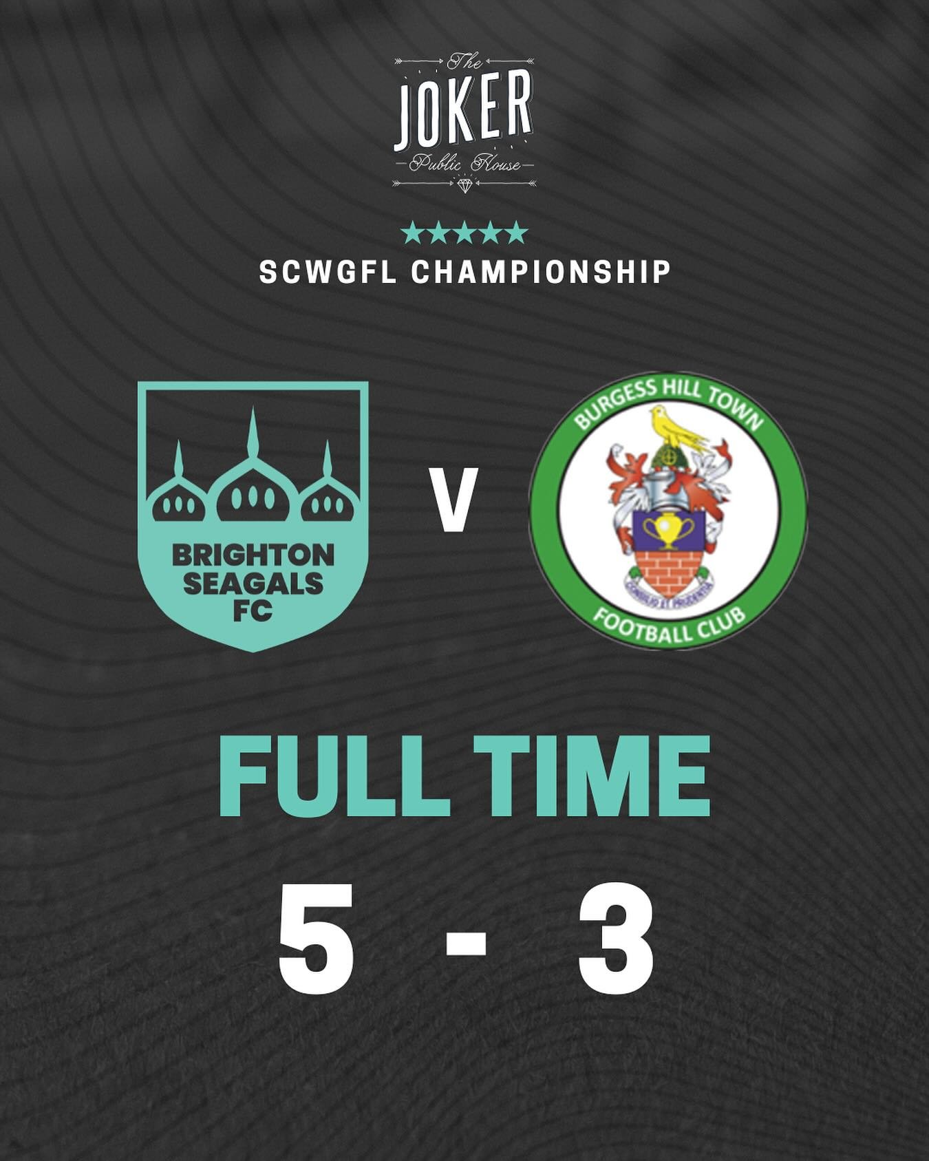 06/04/2025 - RESULT
 
5️⃣ Brighton Seagals
3️⃣ Burgess Hill

🏆 SCWGFL

⚽️ Jasia, Daisy x2, Emily x2
🅰️ Valenteena, Jasia, Maisie