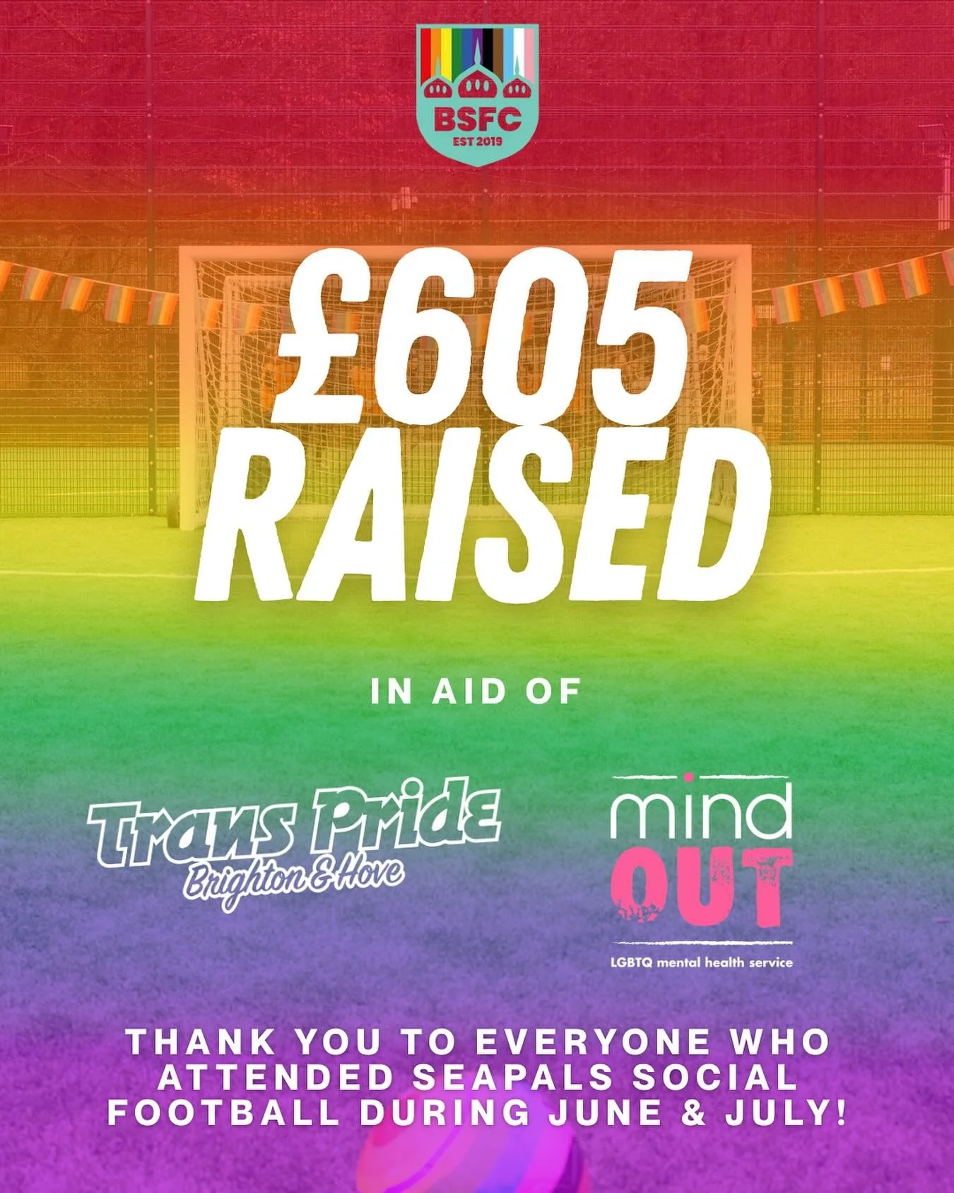 This summer, our Seapals sessions did more than just bring joy to the pitch - they gave back. 🩵⚽️

By donating 100% of proceeds from our social football sessions, we raised &pound;605 for @transpridebrighton and @mindoutlgbtq - two brilliant chariti