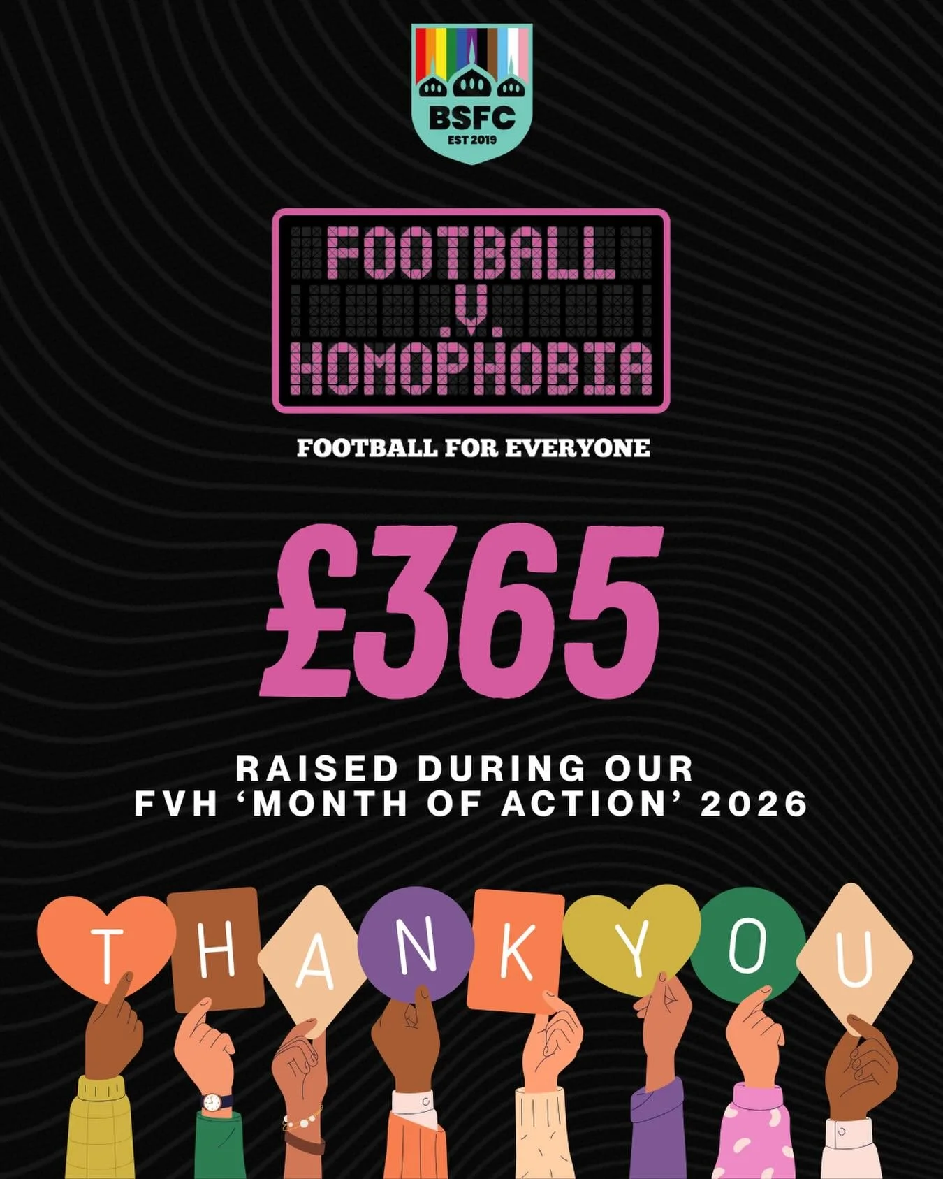 🩷🖤 THANK YOU! 🩷🖤

We raised &pound;365 for @football_v_homophobia during our 2026 &lsquo;Month of Action&rsquo; 🤩

Football v Homophobia (FvH) is a year-round initiative tackling anti-LGBTQ+ discrimination and building inclusive communities at a